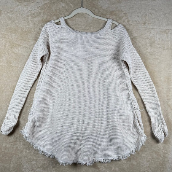 Free People Moonshine Cold Shoulder Oversized Sweater Ivory Sz S Raw Edge Fringe - Picture 2 of 9